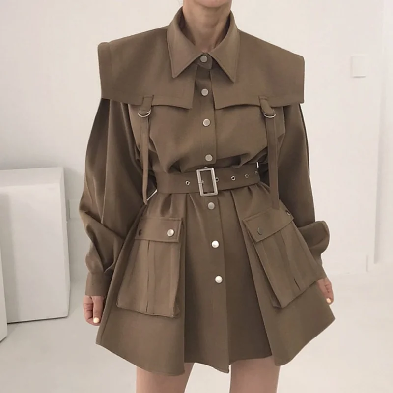 

Korean chic autumn design Lapel single breasted lace up waist double pocket work dress women