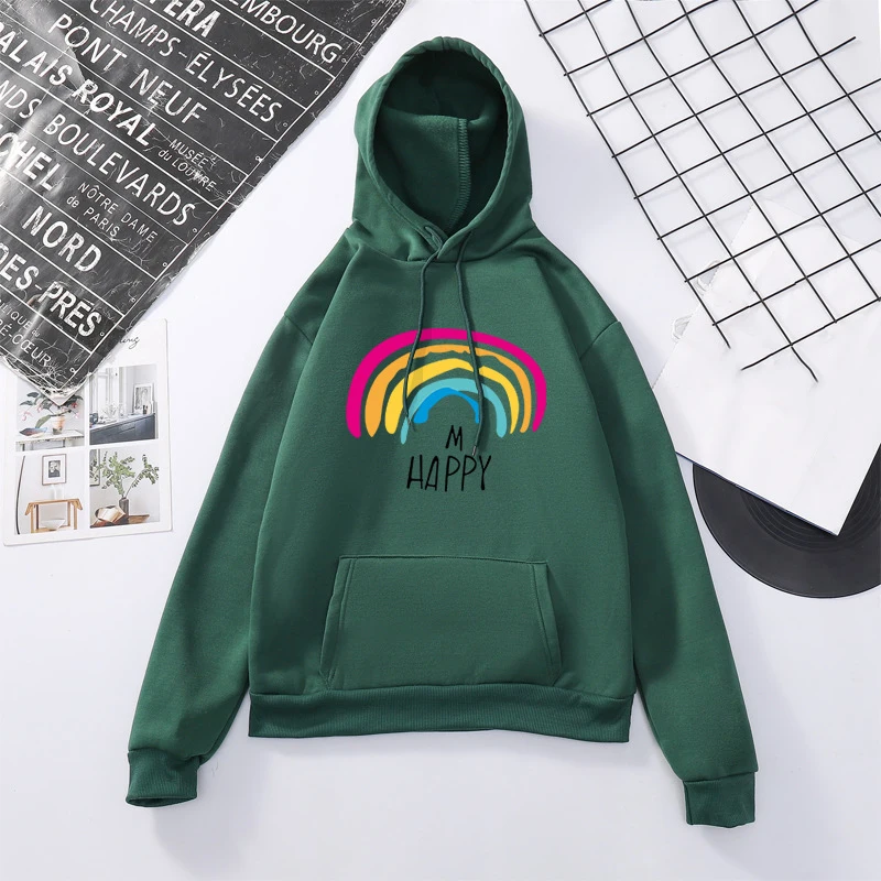 

I Am Happy Letter Oversized Hoodies Rainbow Print Casual Hooded Tops for Women Loose Fit Warm Fleece Pullover Coat with Pocket