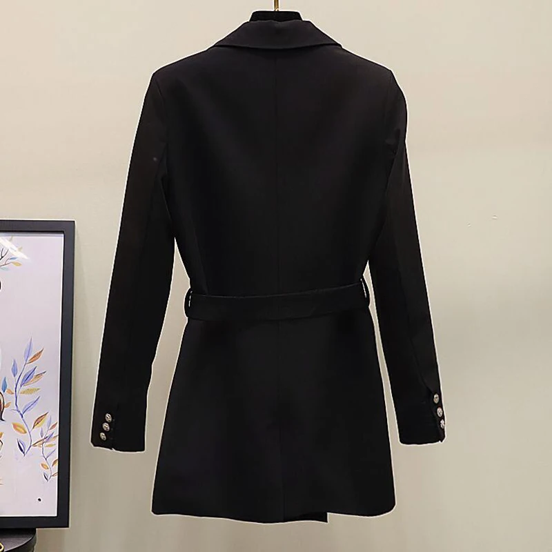 Vintage Double Breasted Black Blazer Women Jacket 2019 Spring autumn Casual Belt Suits Coat Feminino blazers Outerwear | Женская одежда