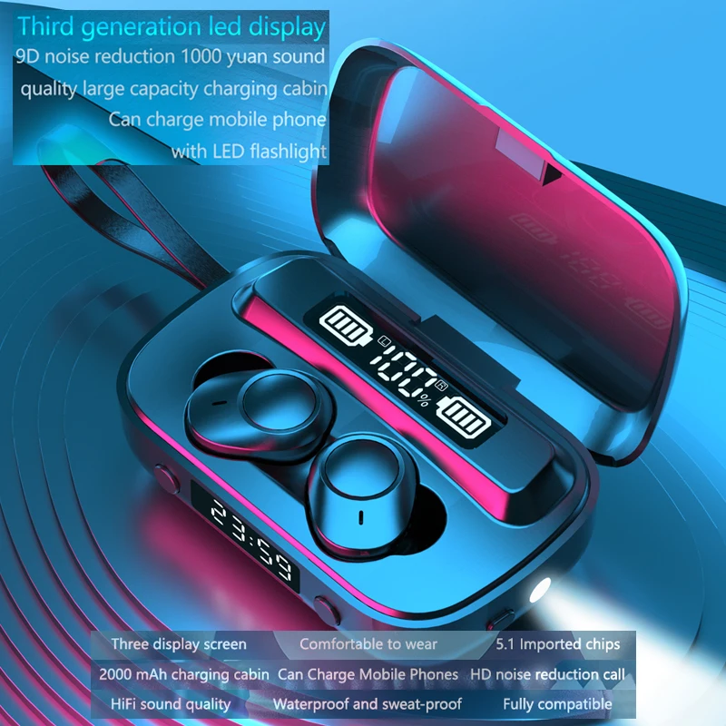 

Wireless Bluetooth-compatible Headset Earphone 2000mAh Charging Box TWS Power Display Touch Earbuds Sports Waterproof Headphones