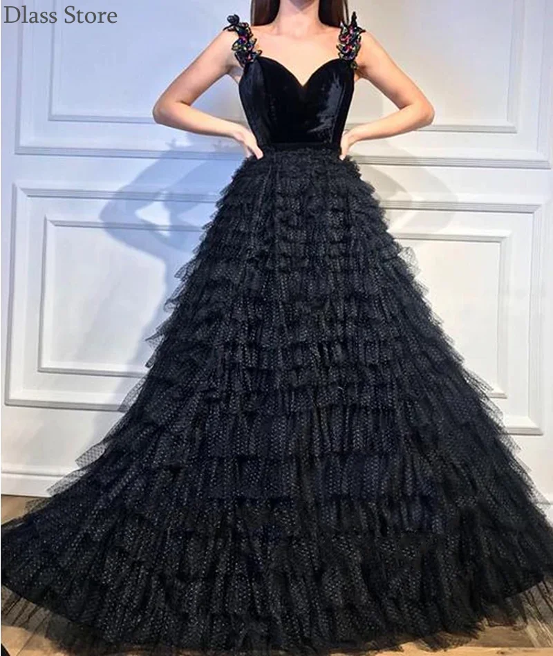 

Black Evening Dress 2020 New Tiered A-line V-neck Spaghetti Strap Floor Length Sleeveless Simple Prom Dress robe de soirée