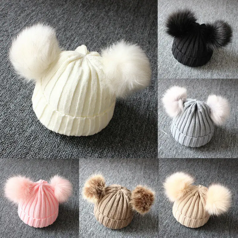 Baby Kids Girls Boys Winter Warm Knit Hat Furry Balls Pompom Solid Cute Lovely Beanie Cap Fur Pom Gifts | Детская одежда и обувь