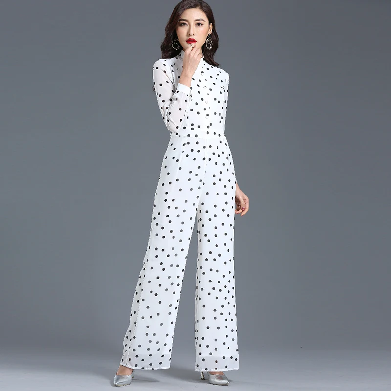 Женский шифоновый комбинезон в горошек вечерние комбинезоны с длинным рукавом