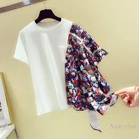 print irregular stitching contrast color short sleeved t shirt women 2021 spring summer korean style loose shirts tops nancylim
