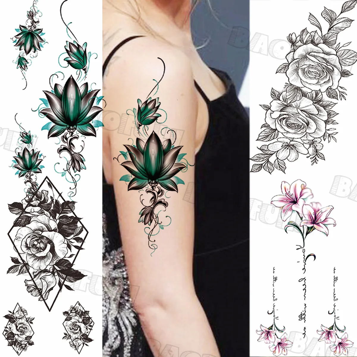 

Sexy Henna Lotus Temporary Tattoos For Women Adult Geometric Rose Lily Fake Tattoo Sticker Realistic Body Art Tatoos Paper