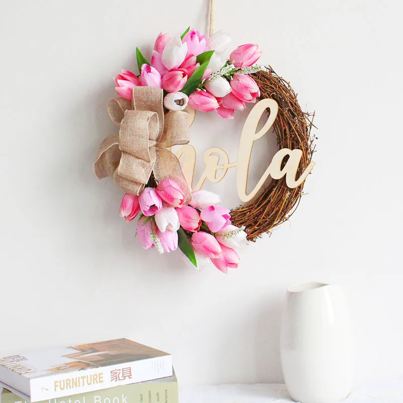 

Welcome Sign With Letter Hola For Front Door Gates Silk Flower Wreath Decor Rural Hanging Ornament For Wall Home Fence Rattan