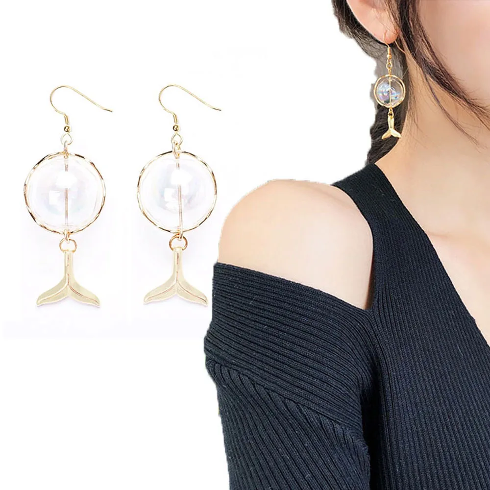 Сладкий корейский Русалка стеклянный шар Висячие Серьги Геометрические рыбий