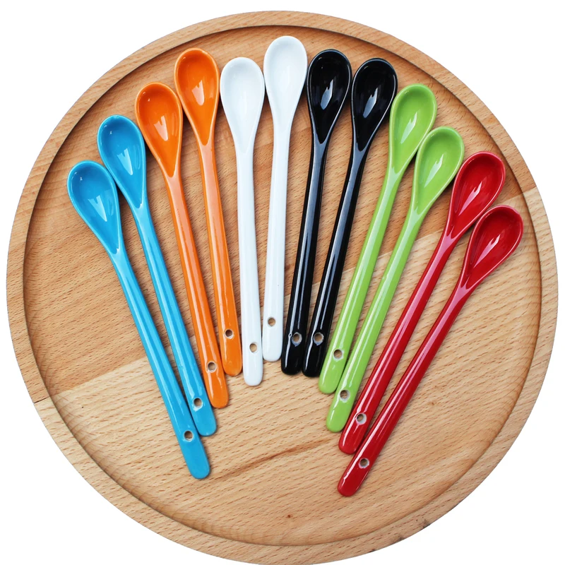 

FANCITY Creative colorful ceramic spoon candy color long handle stirring spoon restaurant coffee spoon household Japanese and Ko
