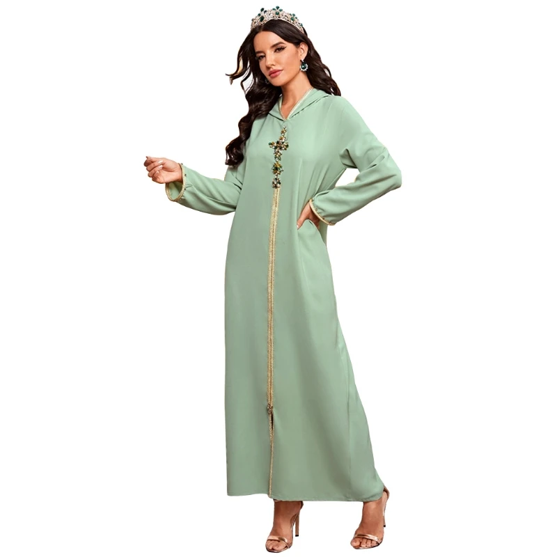 

Women Handmade Faux Crystal Floral Muslim Abaya Long Sleeve Hooded Maxi Dress Dubai Kaftan Hijab Robe Ramadan Turkey Gown