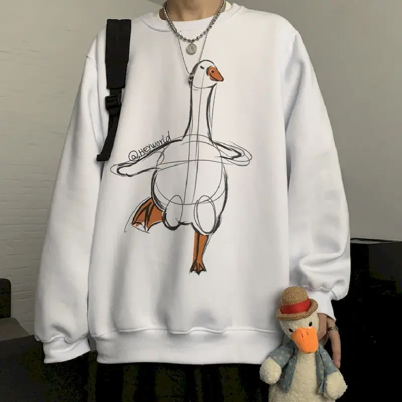 

O-neck Hoodie Kawaii Pullover Sweatshirt Oversized Long-sleeved Plus Velvet Men Women Trend Duck Print Loose Versatile Outerwear