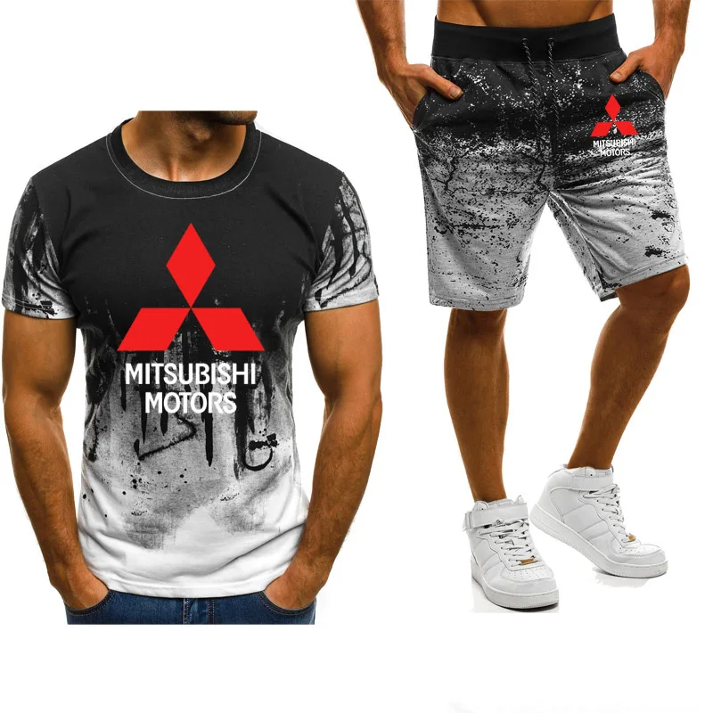 

New 2021 Summer Mens suits Mitsubishi Car Logo Printed Casual Gradient High Quality Men's T-Shirt Pants Suit 2Pcs