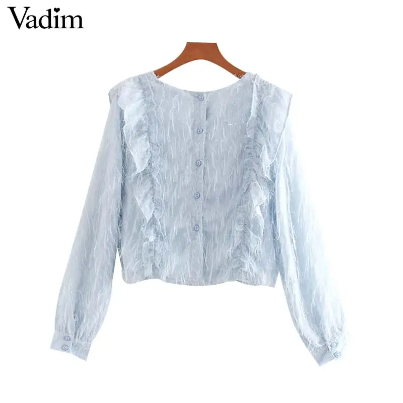 Vadim women chic tassel patchwork crop top ruffles long sleeve back buttons shirts female cute short blouse blusas LB687