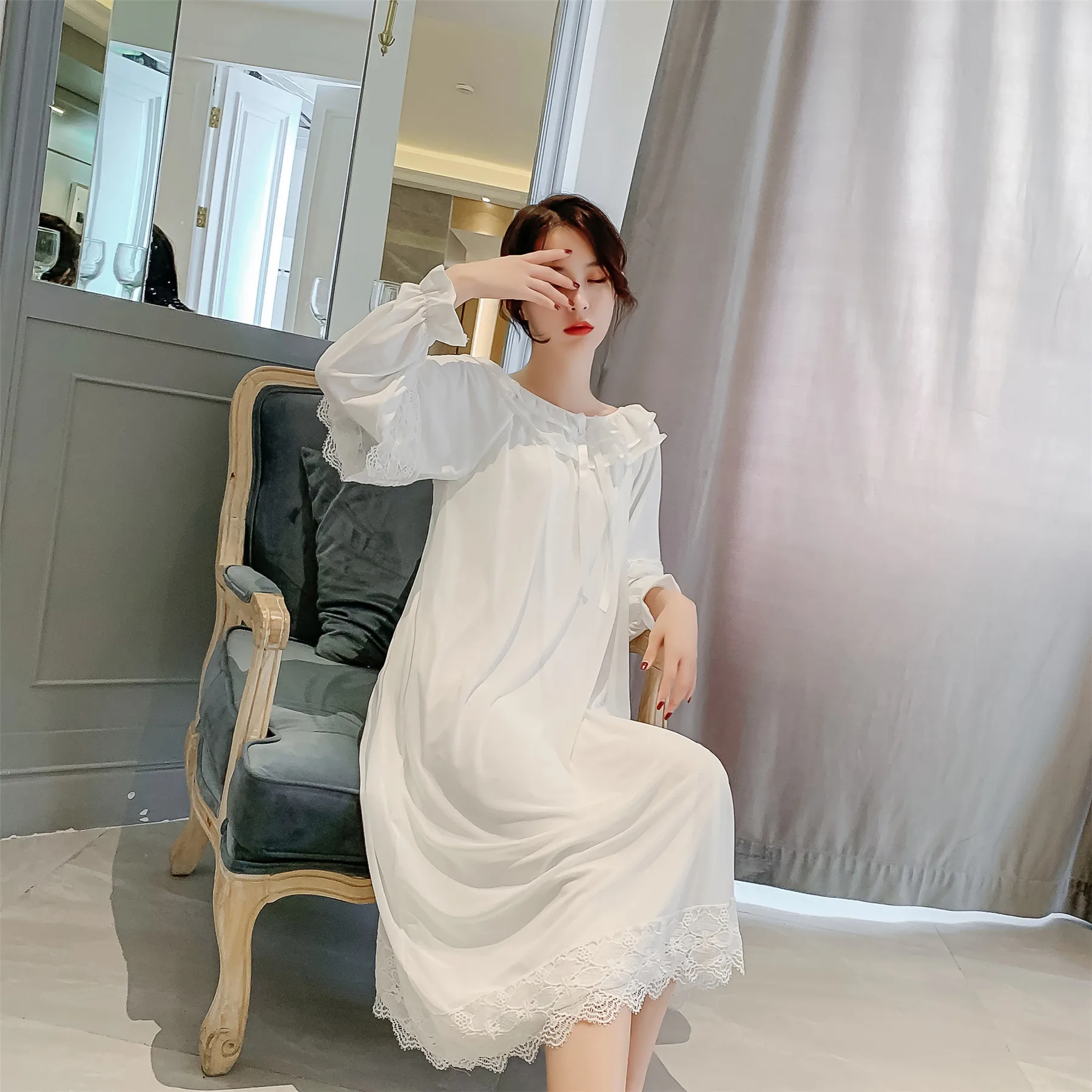 Nightdress Women's Spring Summer Long Sleeve Pure Color Princess Style Sweet Court Yarn Mesh Lace Sexy Nightgown Home Clothes