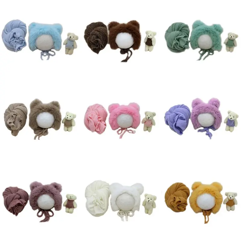 

3 Pcs/set Newborn Photography Props Fluffy Stretch Knit Wrap with Hat Bear Toy 40JC
