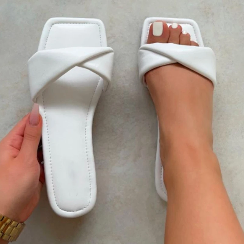 

2021 Women Sewing Square Toe Summer Slippers Woman Comfortable Flats Female Beach Casual Shoes Ladies Big Size Footwear