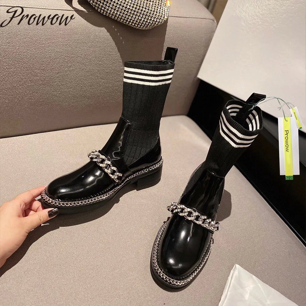 

Prowow New Autumn Winter Knitted Sock Boots Round To Slip On Chain Boots Luxury Designer Boots Shoes Women Botas Mujer
