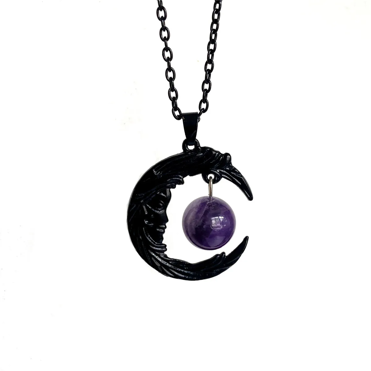 

Purple Crystal Moon Necklace Crescent Moon Jewelry Dark Style Gothic Stone Pendant Magic Wiccan Witch Style Macabre Amulet