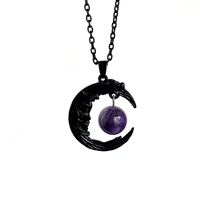 purple crystal moon necklace crescent moon jewelry dark style gothic stone pendant magic wiccan witch style macabre amulet