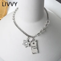 livvy silver color square good luck letter necklace for women man new fashion six pointed star pendant party jewelry gift