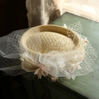 2020 handmade mini straw fascinator hat headwear summer spring flower veil staw wedding headress ladies photo shoot headpieces