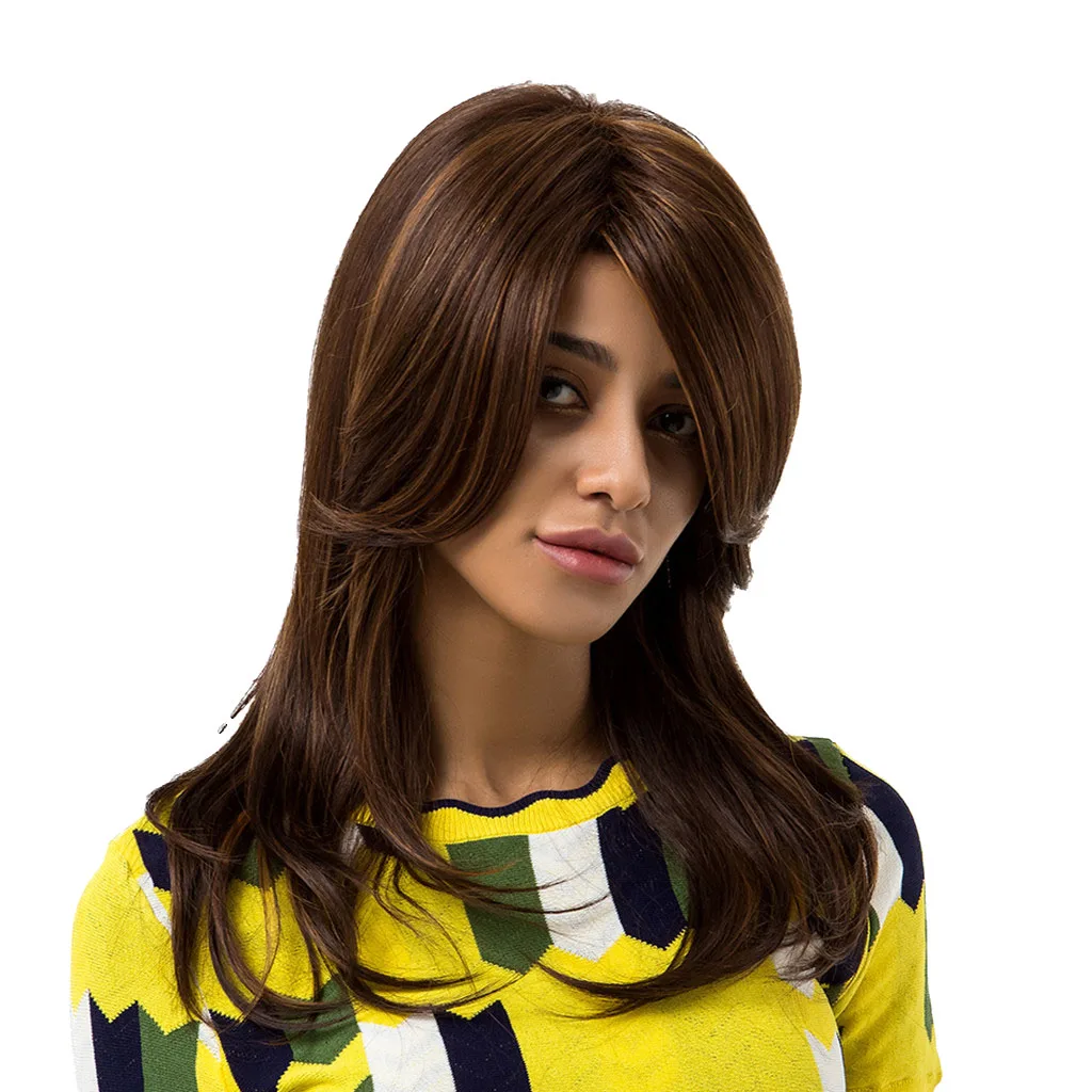 

Lady Human Hair Wigs Long Straight Full Wig Heat Resistant Cosplay Brown
