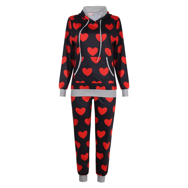 

Fashion Women's Suit New Spring Hot Sale Hooded Collar Pullover Love Printing Home Regular Trousers Two-piece Suit Donsignet