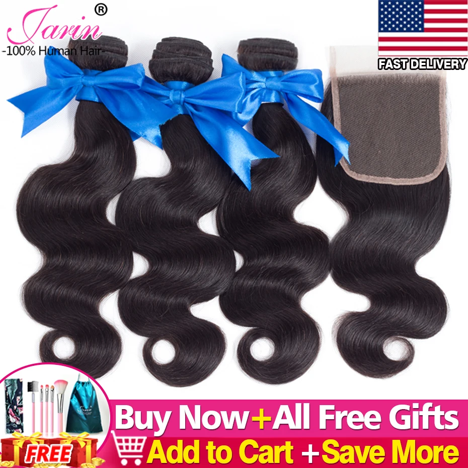 3 Bundles With Closure Body Wave Human Hair 4x4 Lace Closure Free Middle Part 100% Human Hair Remy Jarin Hair Free Fast Ship