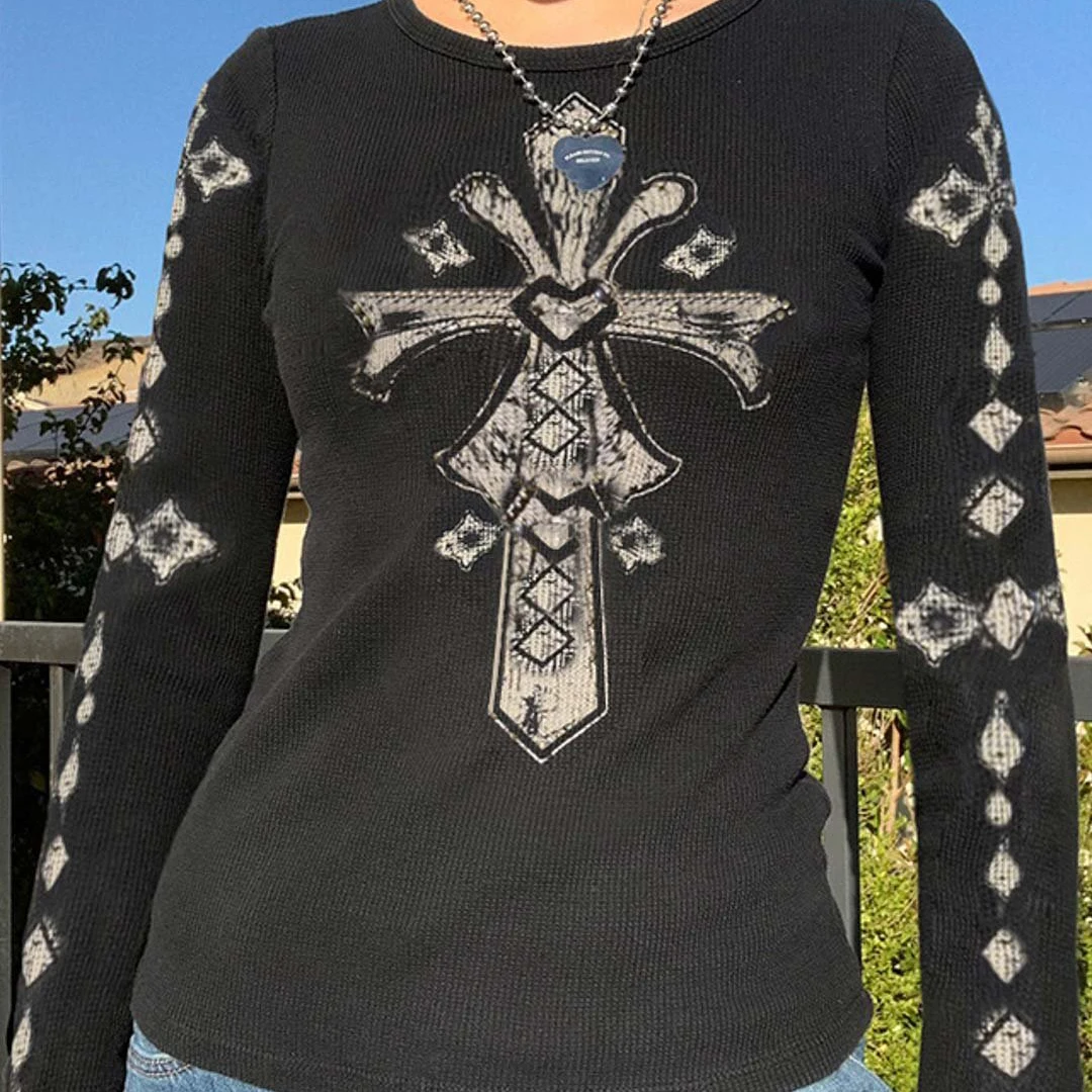 

Fashion Slim Causal Y2K Women's T-shirt Gothic Cross Print Long Sleeve Tops Basic Female Clothing High Street Autumn Women Shirt