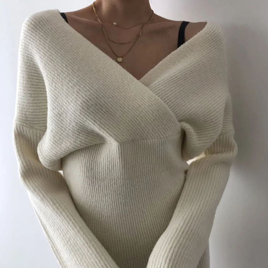 

Yocalor Solid Color Sexy Cross V-neck Dress Autumn Chic High Waist Knitted Bodycon Dresses Women Soft Casual Simple Vestidos