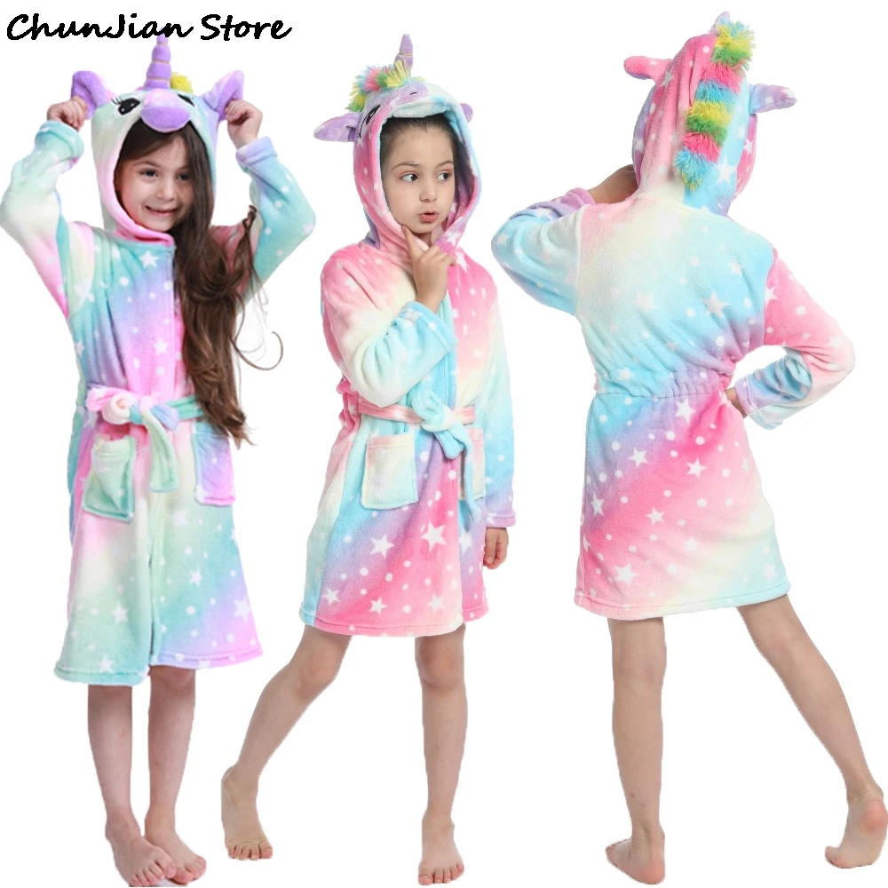 Халат детский зимний с капюшоном пижама изображением единорога для девочек