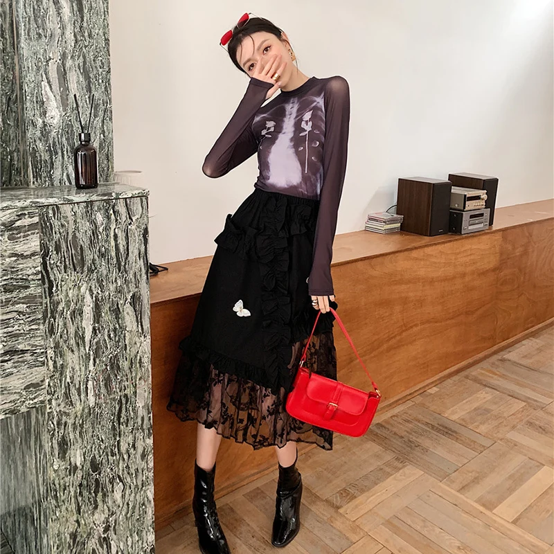 

XIZIHUPAN Chic Print T Shirt For Women Stand Collar Long Sleeve Perspective Mesh T Shirt Female 2021 Spring Fashion Clothes New