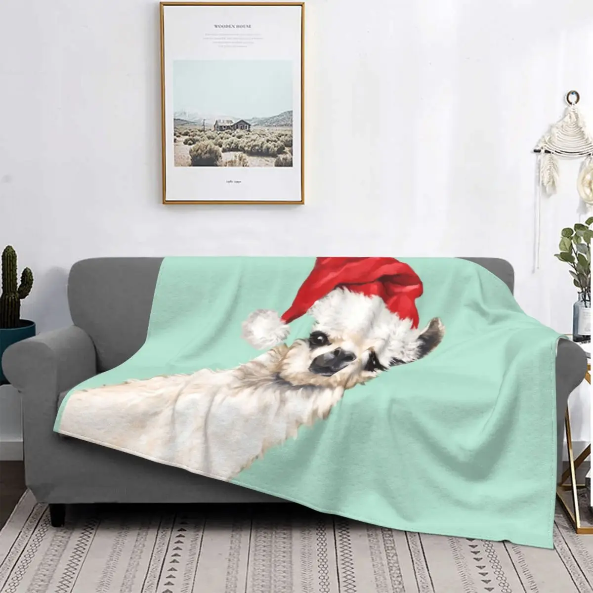 

Christmas Llama In Green Alpaca Blanket Flannel Winter Merry Animal Breathable Soft Throw Blanket for Bedding Car Bedding Throws