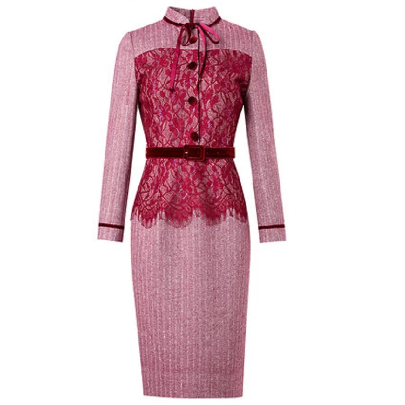 

Pencil lady 2021 office woolen Lace dress Women Clothing autumn winter Elegant dignified Party Dress patchwork retro dress plus