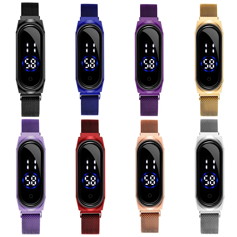 Часы женские спортивные с магнитной застежкой цифровые светодиодные сетчатым