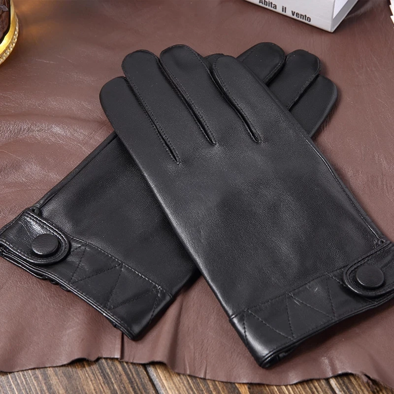 

Winter Leather Gloves Men Goatskin Leather With Velvet Touch Screen Gloves Black Brown Warm Driving Gloves New NR22