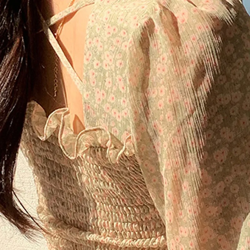 

Sweet Spring Blusas Women Floral Printed Square Collar Long Sleeve Female Chiffon Shirts Cozy Slim Blouse Soft Femme Ropa Mujer