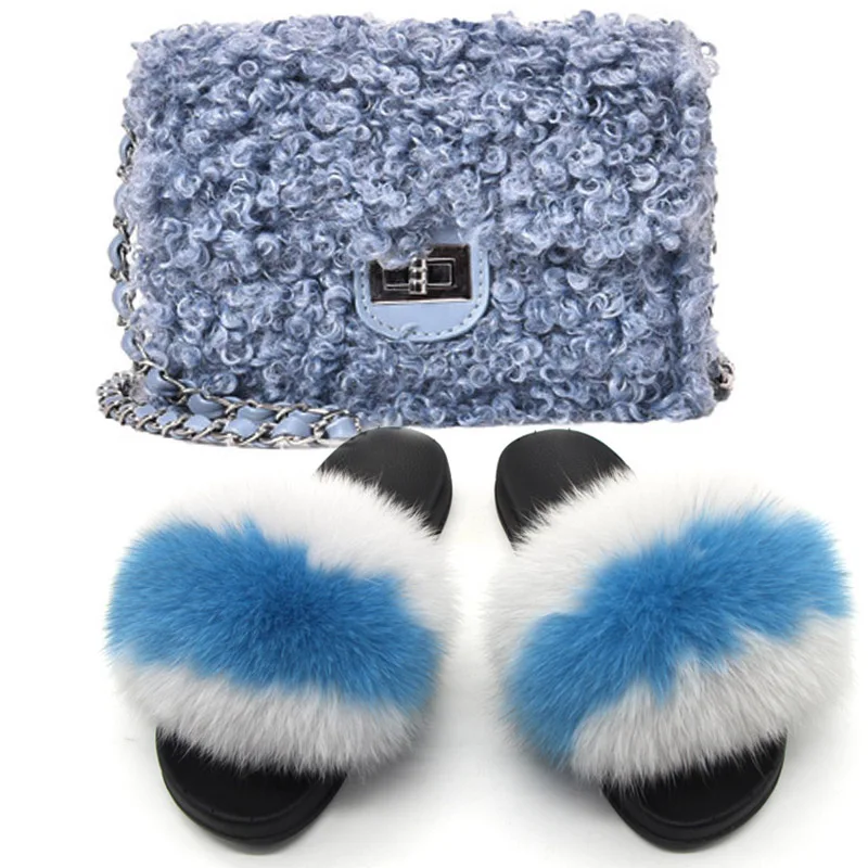 Сланцы женские из лисьего меха однотонные пушистые меховые тапочки модные