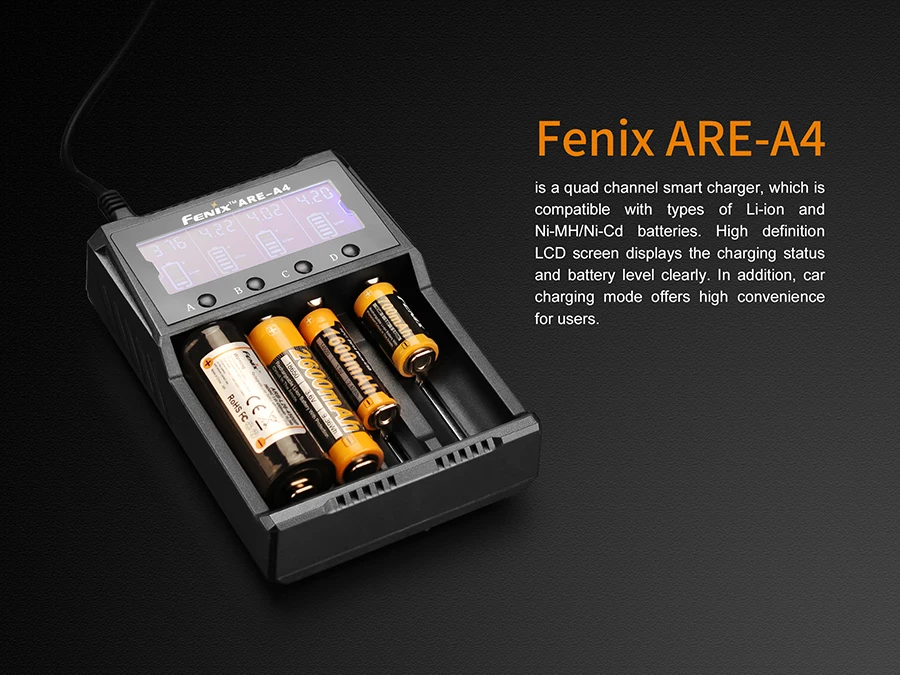 Fenix ARE-A4 четырехканальный смарт-зарядное устройство, совместимое с типами Li-Ion Ni-MH/Ni-Cd