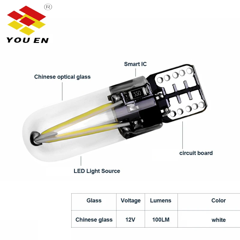 YOUEN T10 194 2825 W5W лампы накаливания COB Светодиодный стеклянный корпус Клин Авто парковочные лампы CANBUS без ошибок для чтения автомобиля купольная лампа 12 В постоянного тока