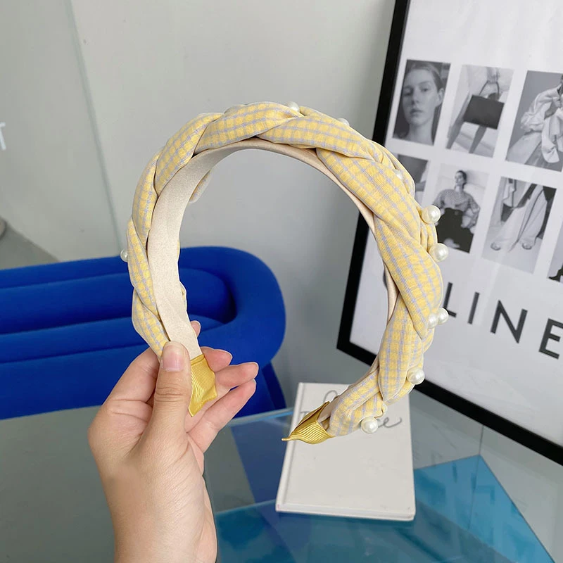 

Western Style Lattice Cloth Twist Braid Pearls Hairband Multi Color Casual Headband Hair Hoop Hair Accessories For Women Girls