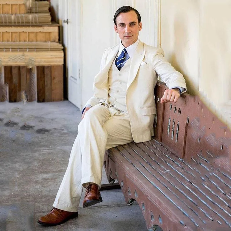 Льняные костюмы цвета слоновой кости для мужчин мужские свадебные смокинг