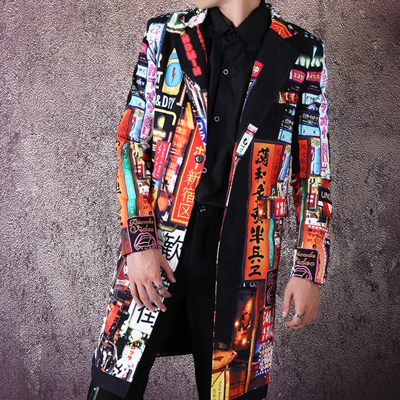 

Hip Hop Dancer Singer Dj Suit Coat Outerwear Stage 2021 New Men Vintage Pattern Print Fashion Slim Fit Long Blazer Jacket Male