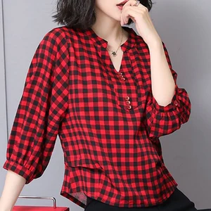 Женский весенне-летний стильный Свободный Повседневный Топ в клетку с V-образным вырезом и рукавами-фонариками DD8804