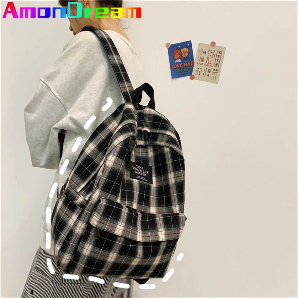

Students Backpacks Women's Plaid Pattern School Bag Canvas Softback Campus Style Rucksack Travel Bagpack Female Backpacks Ladies