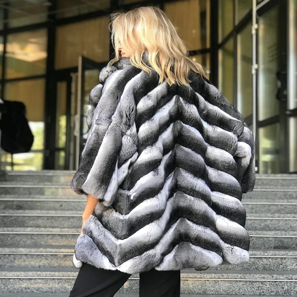 High Quality Rex Rabbit Fur Jacket Natural Women Fur Overcoat Winter Chinchilla Color Genuine Rex Rabbit Fur Coat Lapel Collar