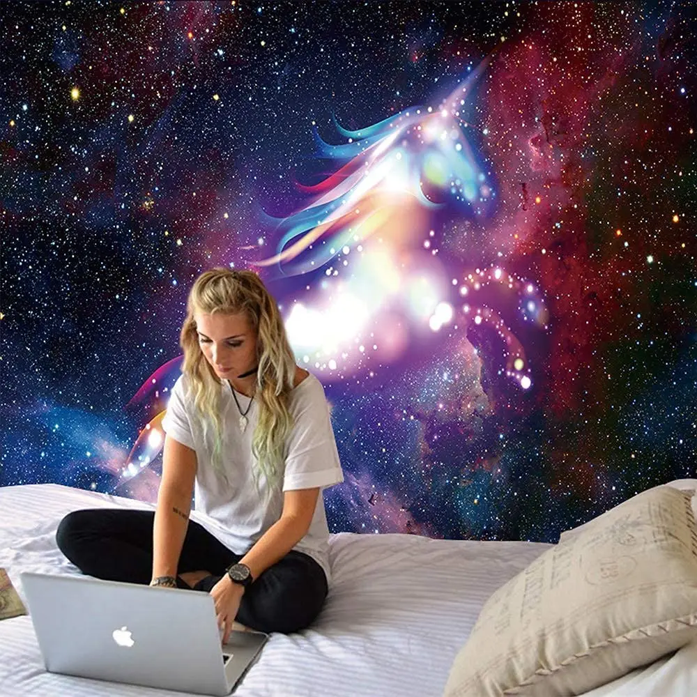 Tapiz de unicornio de galaxia, arte de pared estrellado colgante, arte de pared bohemio de poli&eacute;ster-3