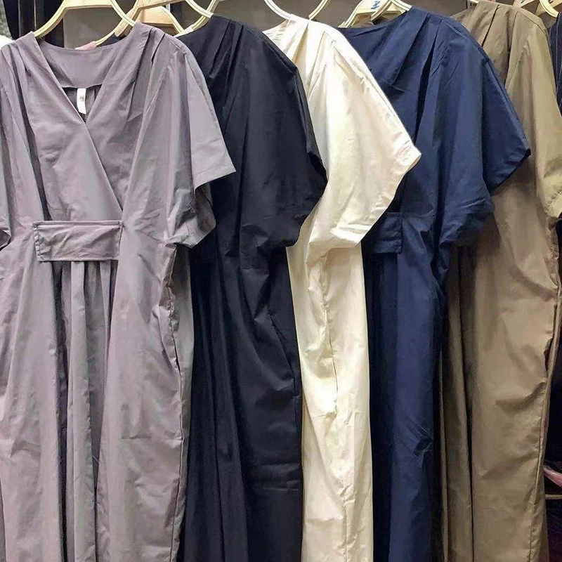 

VGH Loose Ruched Midi Dress For Women V Neck Short Sleeve Casual Solid Minimalist Dresses Female Fashion New Clothing Tide 2021