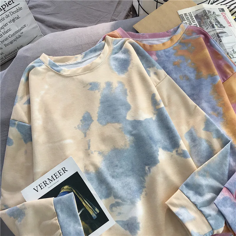 Shellsuning Tie Dye Нижняя футболка весна Harajuku уличная свободная одежда футболка с длинным рукавом Женский мягкий пуловер с круглым вырезом топы