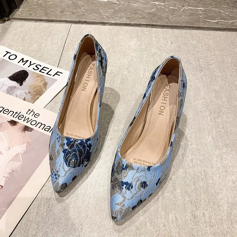 

Women Pumps High Heels Shoes Female Casual Thin Heel Denim Ladies Shoe Vogue Slip On Pointed Toe Party Shoes Heels Plus Size
