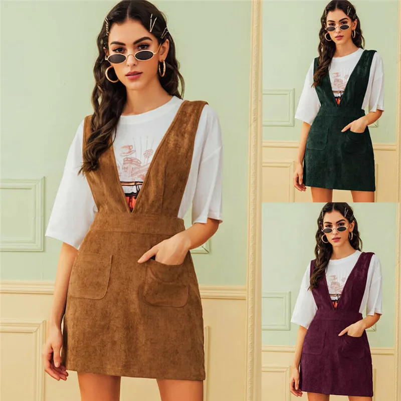 Fashion Casual Women High Waist Brace Dresses Solid Corduroy Above Knee Mini Dress School Costumes Outfits Party Female Girls | Женская